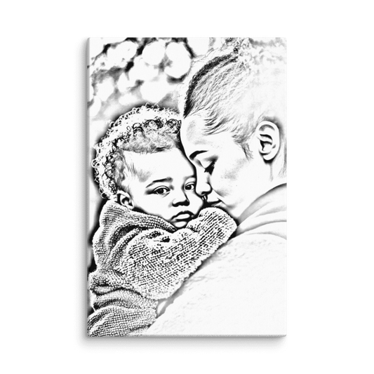 Black and white illustration of a mother and child hugging with a soft focus background