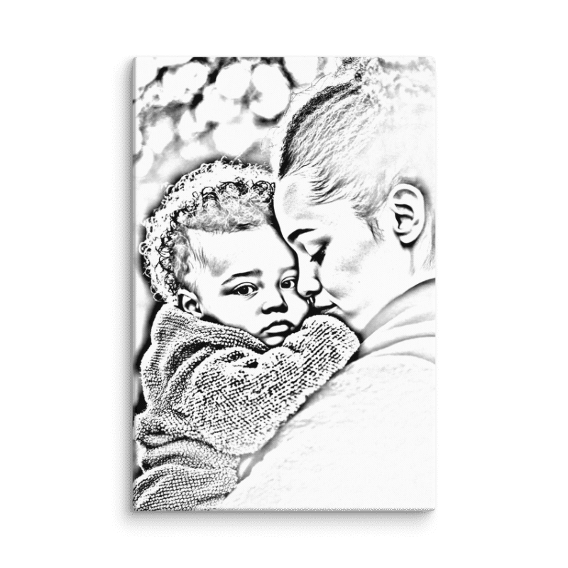 Black and white illustration of a mother and child hugging with a soft focus background