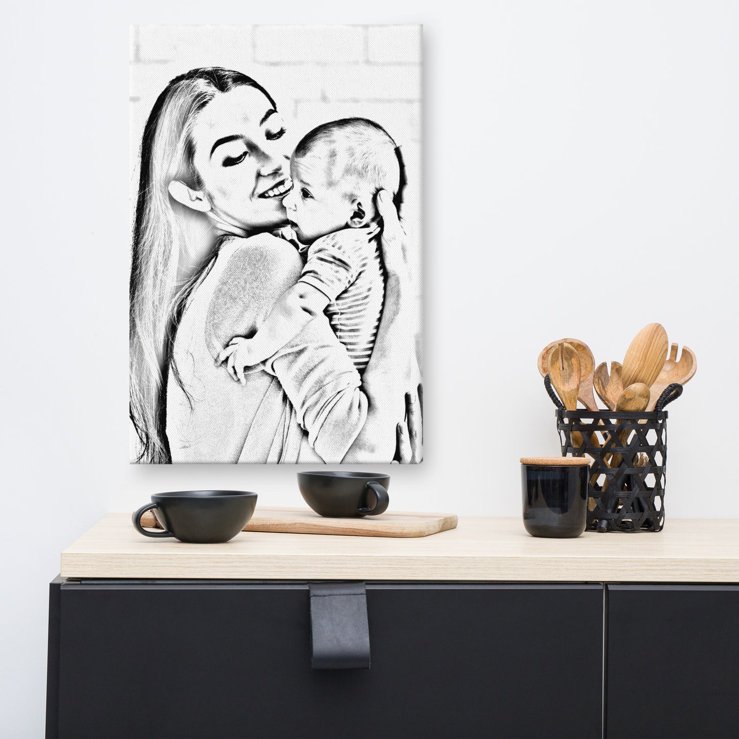 Motherhood in Black & White Canvas Photo | Custom Line Art Portrait