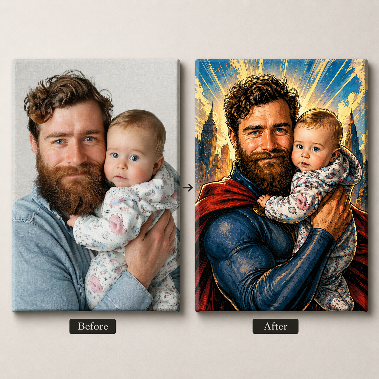 Custom Superhero Dad Canvas – Father & Child Photo to Comic Art Portrait