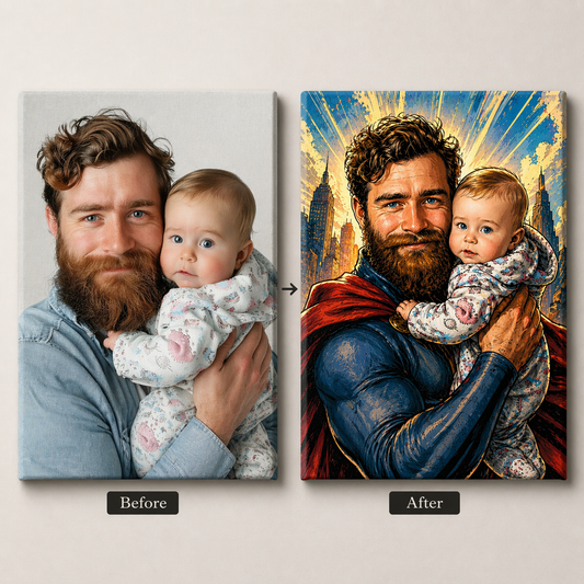 Custom Superhero Dad Canvas – Father & Child Photo to Comic Art Portrait