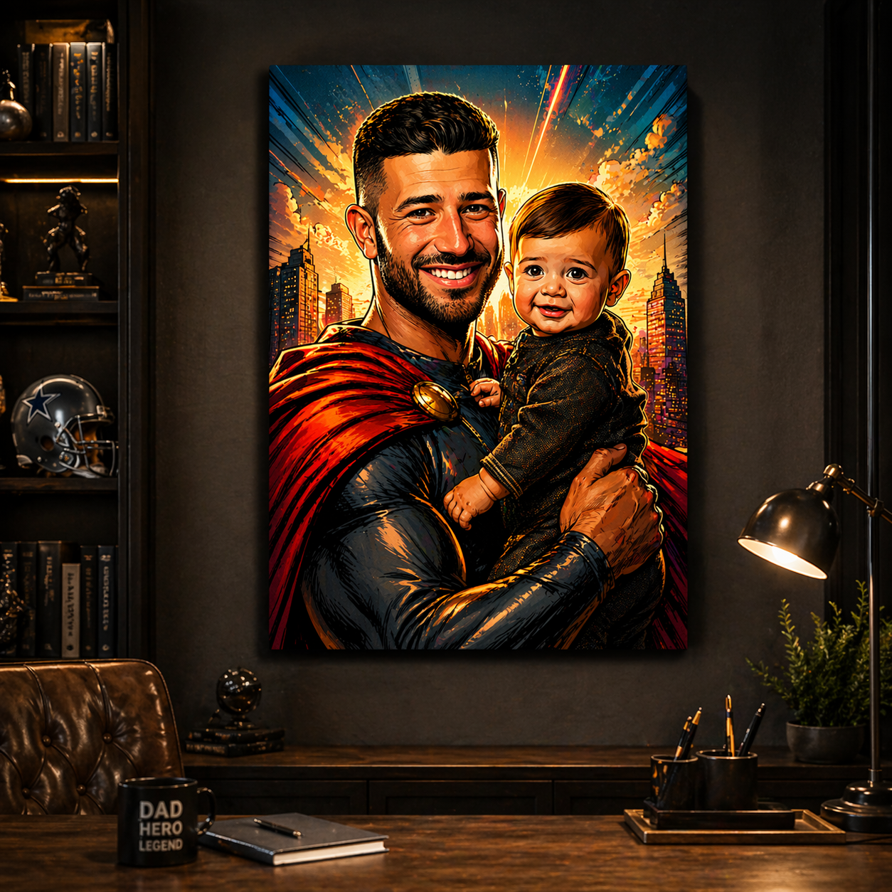 Custom Superhero Dad Canvas – Father & Child Photo to Comic Art Portrait